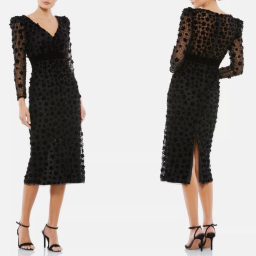 Mac Duggal Midnight Embellished V-Neck Illusion Long Sleeve Column Midi Dress